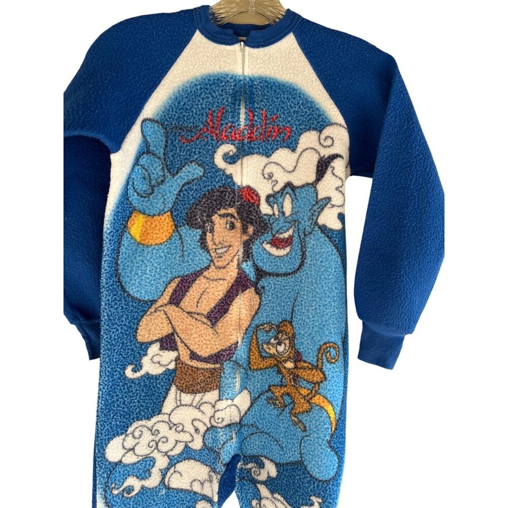 Disney Aladdin 1992 Fleece Pajamas Sleeper Suit Blue Kids 12 Footsie Genie Read* - Picture 1 of 13